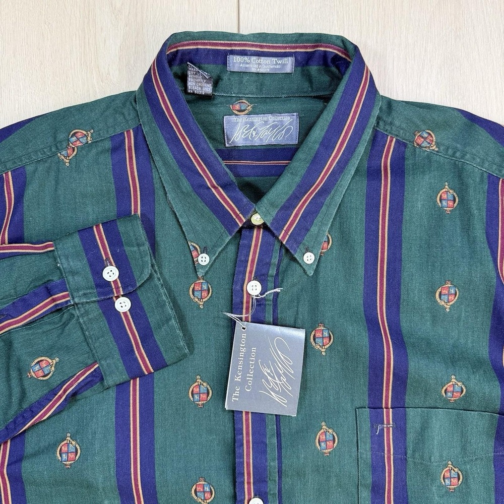 VTG Lord & Taylor Kensington Collection XL Green Crest‎ Stripe Cotton Twill NWT